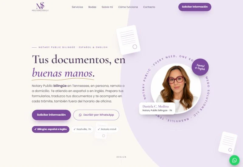 Web de MEGO Solutions, Notary Public en Nashville, con botón para solicitar información